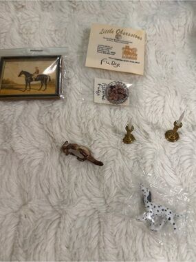 Antique Dollhouse Accessories, brass candlesticks, Dalmatian, Cat, Painting etc